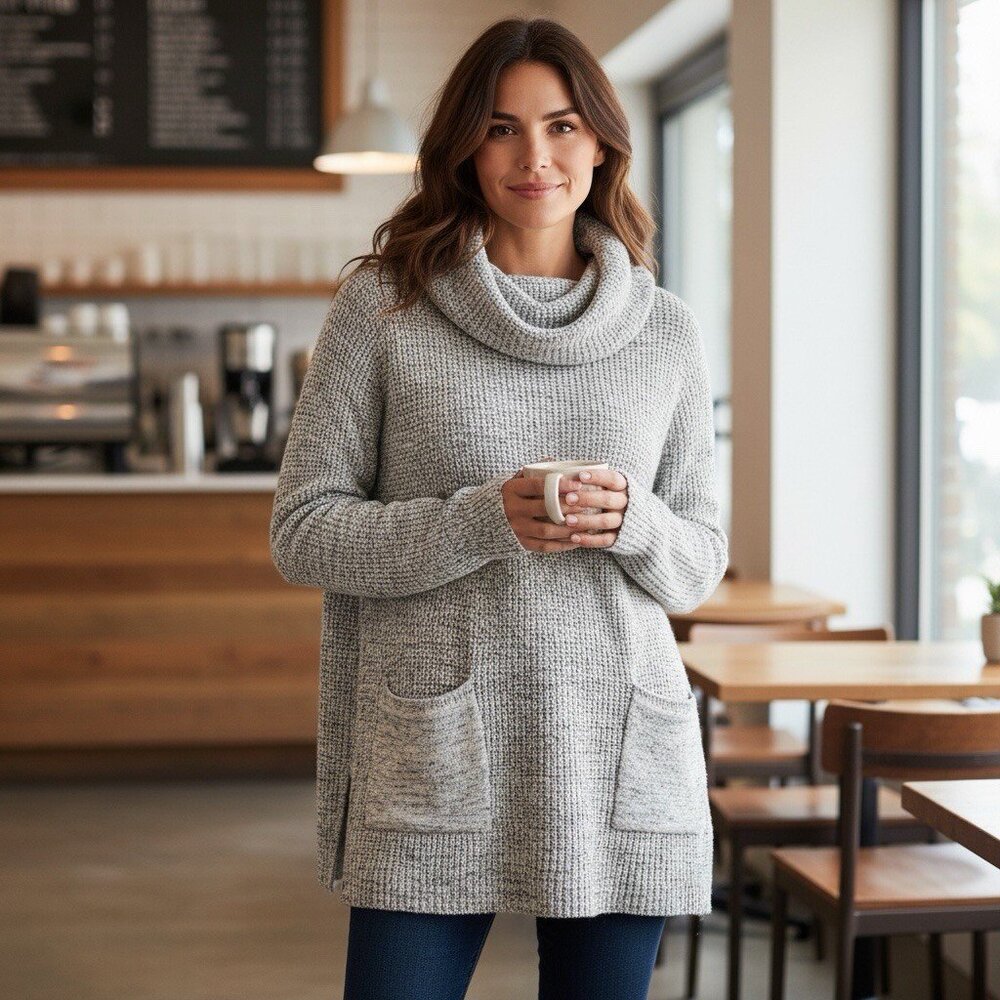 Habitat Top Size L Large Marled Ivory‎ Gray Black Waffle Knit Layer Lagenlook